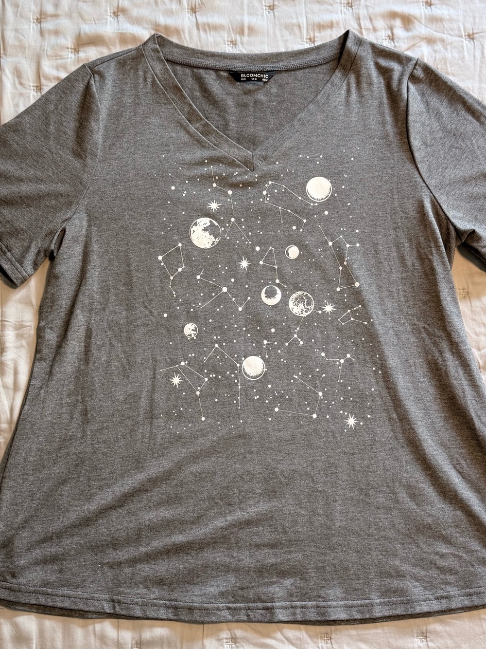 BloomChic Gray V-Neck Tee with White Constellation Graphic